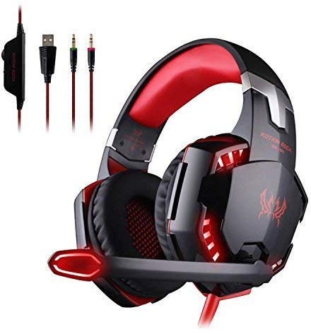 Gaming Headset G2000 3.5mm Stereo LED Lighting Over-Ear Headphone Headset Headband with Mic for PC Computer Game with Noise Cancelling & Volume Control,red and black