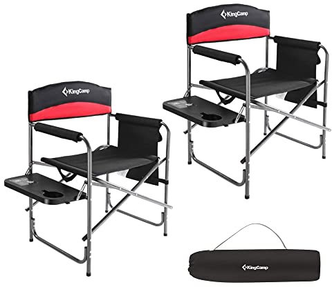 KingCamp Set of 2 Oversized Directors Camping Chairs for Adults, Up to 180 kg Heavy Duty Folding Directors Chair, Portable Outdoor Camping Chair with Side Table & Pockets, Padded Armrests, Red