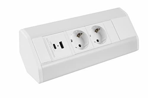 Premium Eck-Steckdose für Küche, Büro aus Aluminium 2 fach Schuko Stecker, 1 x USB-C, 1x USB-A, weiß. Mehrfachsteckdose mit 1,8m Schuko Kabel. Steckdosenleiste ideal für Arbeitsplatte