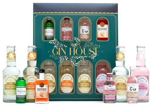 Flavoured Gin Gift Set - 4x5cl Gordons Pink, Edinburgh Rhubarb and Ginger, Tanqueray, Dockyard Orange, 4x125ml Fentimans Tonic Cocktail Mixers - Gin Gifts for Women, Men, Birthday