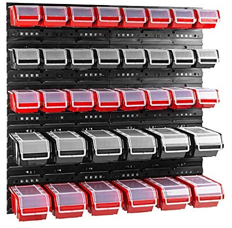 Box mit Deckel + Wandregal 80 x 80 cm, Stapelboxen Schüttenregal Sichtlagerkästen Lagersystem Rot Schwarz