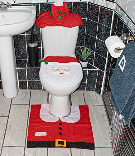 DIVCHI Santa Claus Bath Mat Toilet Seat Cover, 3pcs Christmas Decorations Novelty Lid Seat Cover Water Tank Non-Slip Rug Warmer Toilet Cushion Bathroom Set Decoration Christmas Party
