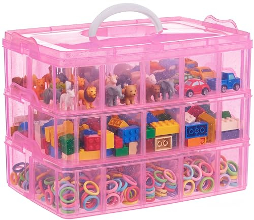 SGHUO Bead Organizers and Storage 3-Tier Pink Craft Container Stackable Box with Dividers for Art Supplies, Washi Tapes, Seed, Hair Accessories, Nail, 9.5X6.5X7.2in