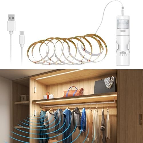 SIBI LED Motion Sensor Lights, USB Rechargeable Wardrobe Light, Eye-Protecting Closet Lights, Stick On Anywhere Wireless Night Light for Stair, Under Cupboard Lighting (2M-1Pack)