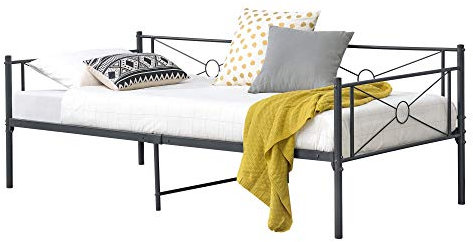 [en.casa] Metallbett Alvesta 90x200 cm mit Kopf- und Fußteil Tagesbett mit Lattenrost Jugendbett Gästebett Stahlrahmen Dunkelgrau