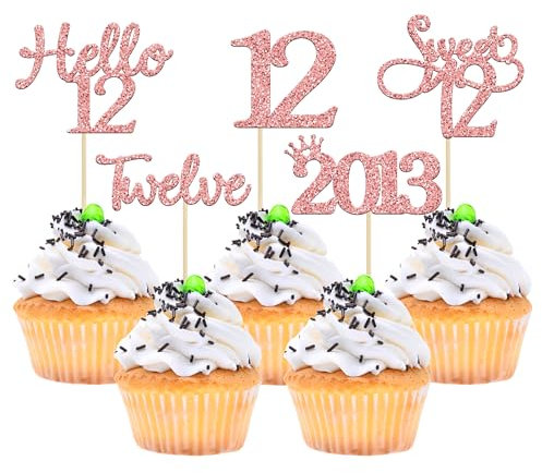 Gyufise 30 Pack Rose Gold Glitter 12th Birthday Cupcake Toppers Hello Sweet 12 Twelve Since 2013 Cupcake Picks for 12th Birthday Party Cake Decorations Supplies