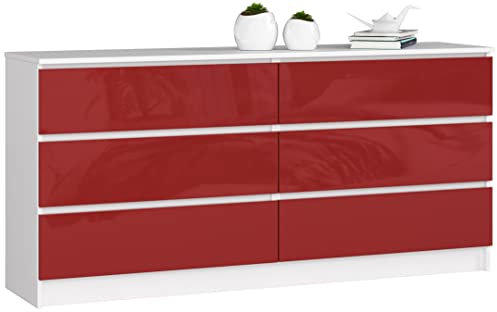 AKORD Kommode K-160 mit 6 (2 x 3) Schubladen | für das Wohnzimmer Schlafzimmer Schrank Büro Arbeitszimmer | Modernes Funktionales Design | B160 x H77 x T40 cm, Gewicht 70 kg | Weiß/Rot Glänzend
