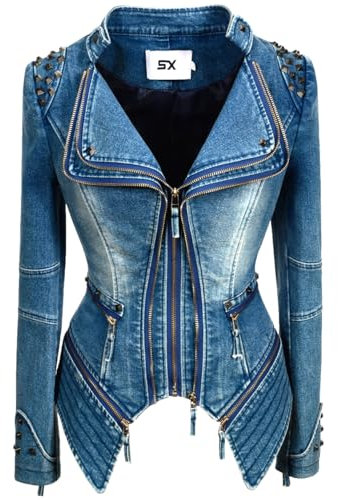 SX Jeansjacke für Frauen mit Reißverschluss und Nieten, kurzer Tailcoat, Denim, langärmelig, Jeans, Motorradjacke, blau, XX-Large