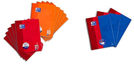 Oxford Collegeblock A4 kariert und liniert, 80 Blatt, rot und orange, 10 Stück & Collegeblock Duo A4 kariert und liniert, 80 Blatt, rot/blau, 3 Stück
