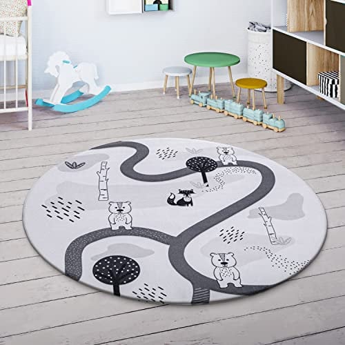 Paco Home Spielmatte Teppich Kinderzimmer Kinderteppich Junge Mädchen Straßenteppich Modern rutschfest Tier Motiv Baum Weiß Grau, Grösse:120x160 cm