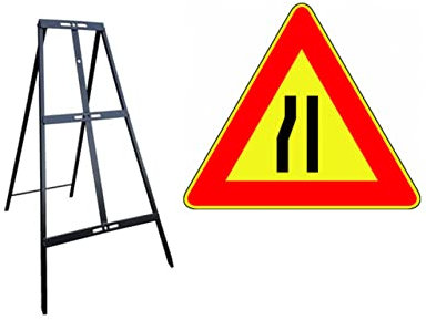 CARTELLO IN LAMIERA SCATOLATA TRIANGOLO lato 90cm - strettoia asimmetrica a sinistra - SEGNALE CATARIFRAGENTE CON CAVALLETTO (CARTELLO)