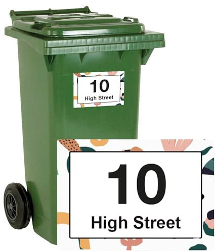 stika.co Pack of 4 Personalised Tropical, Floral print Wheelie bin stickers, House Number and Street Name for Bin containers (A4-297 x 210mm, Laminated Vinyl)