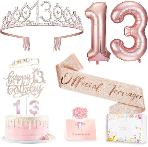 13. Geburtstag Dekoration für Mädchen, einschließlich 13. Happy Birthday Kuchen Topper, Königin Bänder mit Perlen Nadel, süße Rhinestone Tiara Krone, Nummer Kerzen und Ballon Set, Rose Gold
