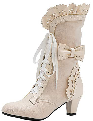 COOLCEPT Donna Vintage Victorian Stivali Cordoncino Bowknot Medio Tacco a Blocco Steampunk Stivali Beige Numero 40 Asiatico