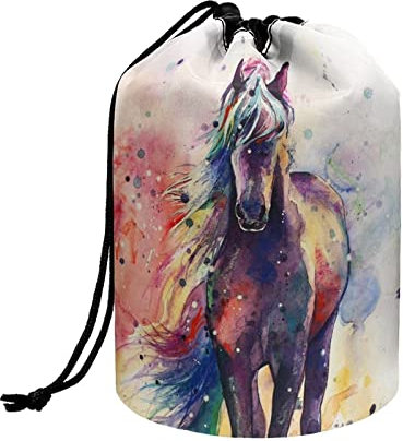 chaqlin 3D Art Horse Drawstring Cosmetic Bag for Women,Adorable Makeup Bags Travel Water Resistant Toiletry Bag Accessories Organizer Multifunctional Barrel Shaped Storage Bag