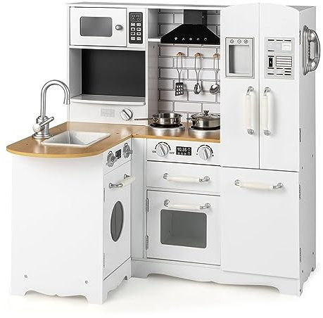 DREAMADE Kinderküche Holz, Kinder Küche mit Waschbecken Herd Backoffen Kühlschrank, Eckküche Spielzeugküche, Spielküche mit Zubehör für Kinder ab 3 Jahren (Luxus-Version)