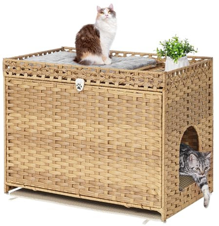 Cat Litter Box Enclosure with Soft Litter Mat; Hidden Cat Washroom Furniture with Door; Handwoven Rattan Cat House with Large Space; Pet Crate for Living Room, Bedroom, Balcony (Natural)