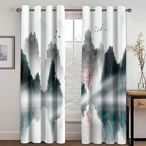 HYFBH Japanische Fenstervorhänge, klassischer asiatischer Malerei-Stil, Kunst von Blumenzweigen, Blüten, fliegenden Vögeln, Muster, Wohnzimmervorhänge BxH/2x80x220cm ösen gardinen