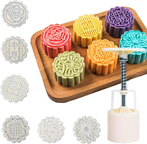 Mooncake Mold Set, Mid Autumn Festival Mooncake Mould Maker DIY Hand Press Cookie Stamps Pastry Tool Moon Cake Mold Maker Molder for Baking Flower Moon Cake (Color 3)