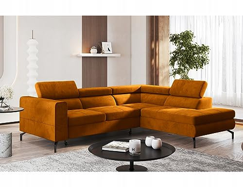 Easy4You Senf Ecksofa Balsta Velours in L-Form 264 x 73 x 203 cm mit Schlaffunktion und Bettzeugbehälter - Schlafsofa mit Bettkasten Links oder rechts - Eckcouch mit Stauraum - Stoff: Monolith 48