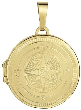 JEVELION Medaillon Anhänger für 2 Bilder 8 Karat 333 Gold Bild Amulett rund mit Kompass-Gravur zum Öffnen mit Halskette