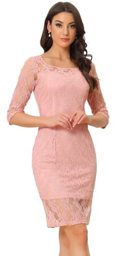 Allegra K Lace Dress for Women Elegant 3/4 Sleeve Square Neck Bodycon Cocktail Dresses Pink M