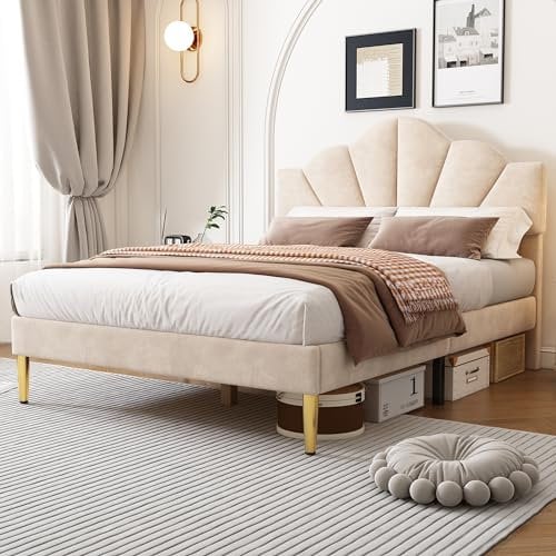 ZUUYEE Bett 140x200, Samt Polsterbett mit Lattenrost und Kopfteil, Holzbett Doppelbett Jugendbett 140x200, Goldenen Eisenbeinen, ohne Matratze, Beige