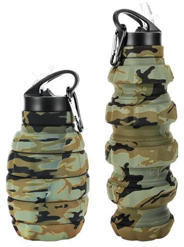 PenghaiYunfei 19.6 oz Collapsible Travel Bottle, Reusable Silicone Collapsible Water Bottle for Gym Camping Hiking Fmaily School Office Portable Leak Proof Sports Bottle with Carabiner (Desert Camo)