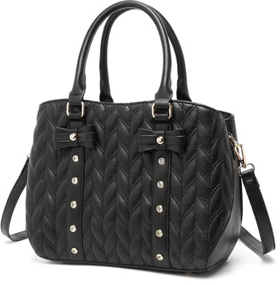 Miss Lulu Handtaschen für Damen, Designer Gesteppte Henkeltaschen mit Schleife, Große PU-Leder Schultertasche für Arbeit, Schule, Reisen (Schwarz)