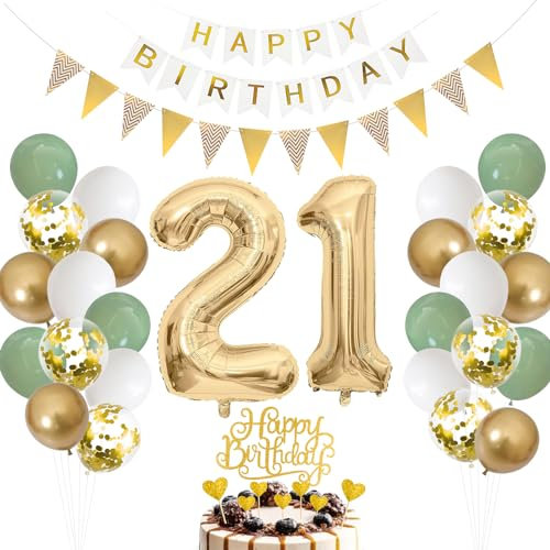 21. Geburtstag Deko Salbeigrüne, Luftballon 21. Geburtstag Junge Mädchen, Ballon 21. Geburtstag Grün Weiß Gold, Zahl 21 Folienballon, Geburtstag Tortendeko für 21 Geburtstag Dekoration