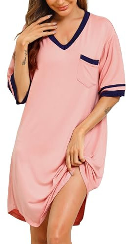 Vlazom Chemise de Nuit Femme Col V ete Robe de Nuit à Manche Courte Tee Shirt Grande Taille Vêtement de Nuit，Rose，L