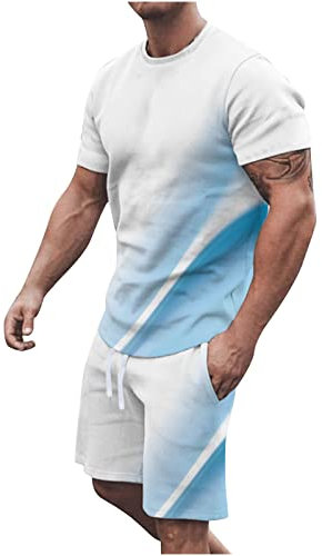 XINYUNZU Amazon Outlet Shop Sale Trainingsanzug Herren Jogginganzug Kurzarm Sportanzug Freizeitanzug 2 Teiler Casual Outfit Sommer Shorts und Tshirt Tracksuit Sport Set Hausanzug Männer Hellblau L