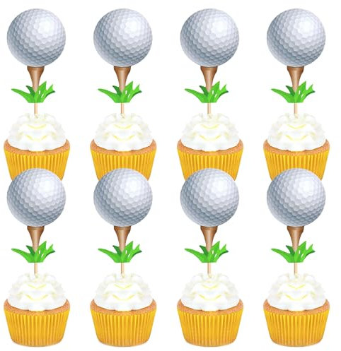 Ercadio Golf Ball Double Sided Cupcake Toppers, 24 Pack - Sports Golf Birthday Cake Decorations, Baby Shower, Party Favors