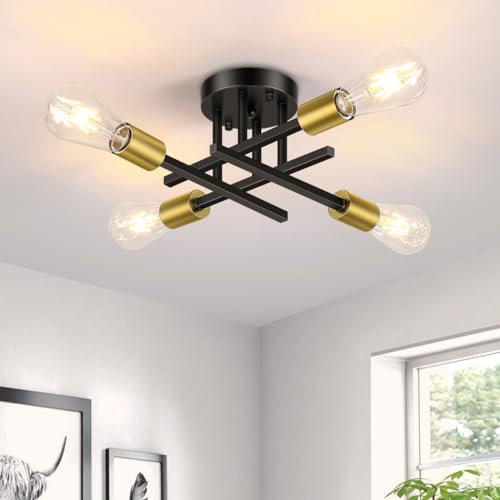 Gbood Modern Semi Flush Mount Ceiling Light, 4-Lights Sputnik Chandelier for Bedroom Lighting, Industrial Kitchen Light Fixture Ceiling Mount for Dining Room Hallway Living Room(Black with Gold)
