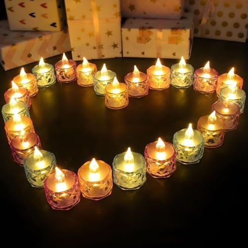 24 Pack Warm White LED Tea Light Candles, 200+Hours Battery Operated Fake Electric Candles for Votive Party Wedding Birthday Halloween Home Decoration (Batteries Include)- Pink Purple Blue Crystal