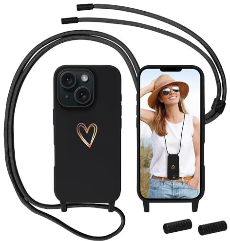 Handyband kompatibel mit iPhone 13 Hülle mit Band, MoEvn für iPhone 13 Necklace Handyhülle mit Kordel für zum Umhängen Herz Muster Silikon Case Stoßfeste Schutzhülle mit Abnehmbar Kette, Schwarz