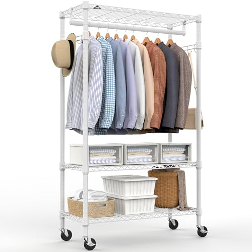 M MZG Heavy Duty Rolling Garment Rack 3 Tiers Adjustable Wire Shelving Clothes Rack with Rods and Side Hooks,Storage Closet Clothing Rack with Wheels White 40 x 75 x 189.3 cm