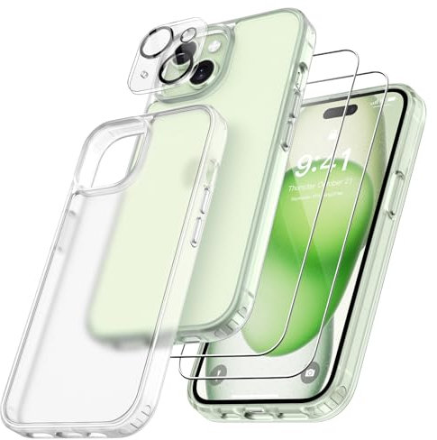 FLLAO 4 en 1 Funda para iPhone 15 con 2 Protector Pantalla y 1 Protector Lente Cámara, [Almohadilla de Aire integrada] Antigolpes Antiarañazos Carcasa 6,1 Pulgadas, Blanco Mate