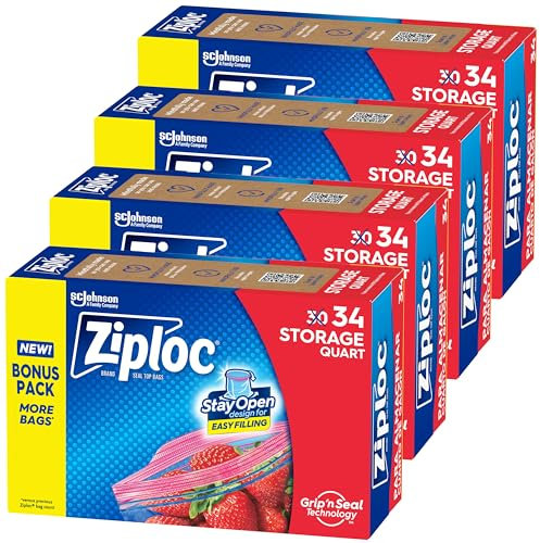Ziploc Quart Food Storage Bags, Stay Open Design with Stand-Up Bottom, Easy to Fill, 136 Count