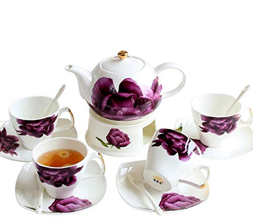 GLJTUO Teeservice Aus Bone China, Teeservice Im Europäischen Stil Mit Blumenmuster, Kaffeeservice Mit Beheiztem Teekocher Und Kaffeelöffeln, Teekanne, Teetasse Und Untertasse,