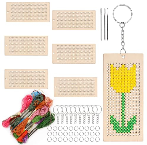 Swpeet 64Pcs Rechteckige Form Holz Kreuz Stich mit Schlüsselbund, Sprung Ring, Faden und Nadeln Sortiment Kit, Holz Näh Kit für Anfänger, Handwerk Nadel Stickerei Kit für DIY hängende Dekor Geschenk