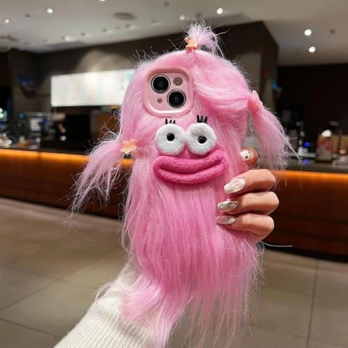 Pretaco for iPhone 16 Case,Funny and Silly Weird Furry Phone Cases [DIY Long Hair with Hairclip] Ugly Phone Case Swap Challenge Gifts with Friends (Pink)