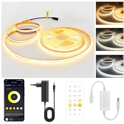 AXMOTUT Bluetooth CCT COB LED Streifen 7.5m Mit Fernbedienung und Netzteil | Musik Sync, Dimmbar 2700K-6500K Farbwechsel Lichtband, Selbstklebend LED Beleuchtung für Zimmer, Schlafzimmer