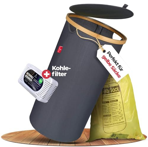 Levio® Gelber Sack Ständer mit Deckel – Müllsackhalter [80L mit Geruchsfilter] – Mülltonne Gelber Sack Indoor – Stabiler Müllsackständer – Mülleimer für Gelben Sack – Gelbe Säcke Behälter (Dunkelgrau)