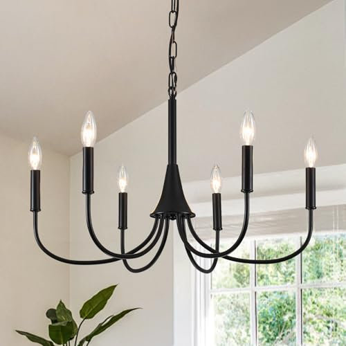 LWYTJO Black Chandeliers Ceiling Lights for Kitchen, 6-Lights Industrial Pendant Light Fitting for Living Room, Dining Room, Bedroom, Hallway Foyer, Height Adjustable, E14