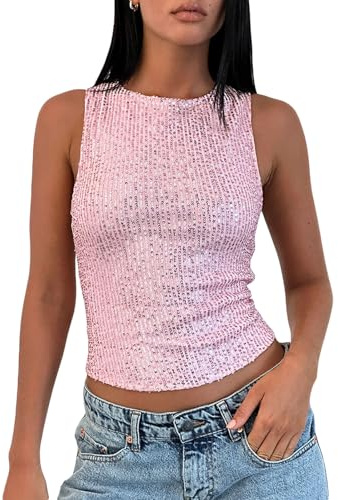 Women's Shine Sequin Tank Tops Sleeveless Crew Neck Glitter Slim Fit Vest Y2K Tops for Club Party (Pink, M)