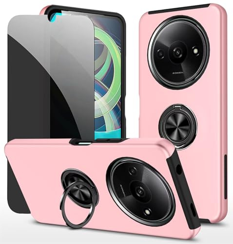 Dechyi Sichtschutz hülle für Redmi A3 rosa Handyhülle mit Anti-Spähen Displayschutzfolie mit Ringhalterung stoßfest, Kratzfest strapazierfähig Schutzhülle
