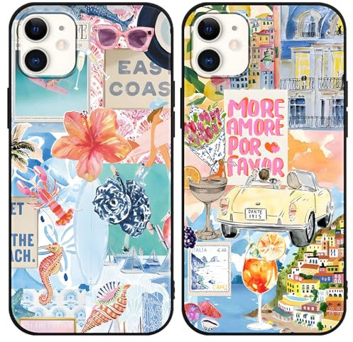 Phoona 2 Pack Cute Case for iPhone 11 6.1, European Collage Preppy Summer Girly Design Pattern for Girls Women, Slim Soft Silicone Shockproof Bumper Protector Cover, Blue 03