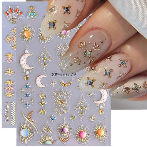 Auiremrti 2 pezzi adesivi per unghie, sole e luna, 5D in rilievo, adesivi per unghie stile bohemien, linee dorate, adesivi autoadesivi, decorazioni per unghie