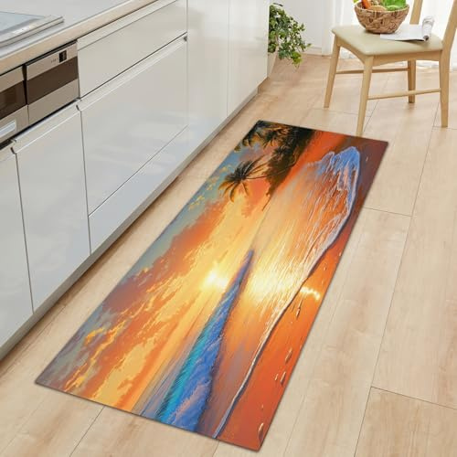 Teppich Läufer 75 x 250 cm, Strand Wellen Palme Sonnenuntergang Teppichläufer Flur rutschfest Waschbar Küchenläufer, Mehrfarbig Küchenteppich Läufer für Eingang Flur Küche Schlafzimmer Wohnzimmer